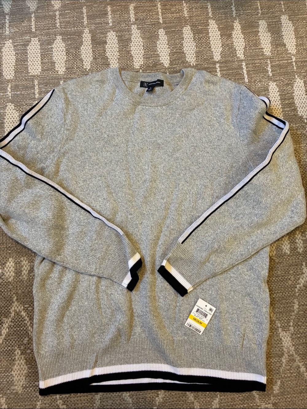 Light Gray Crewneck Sweater with Black and White Stripes